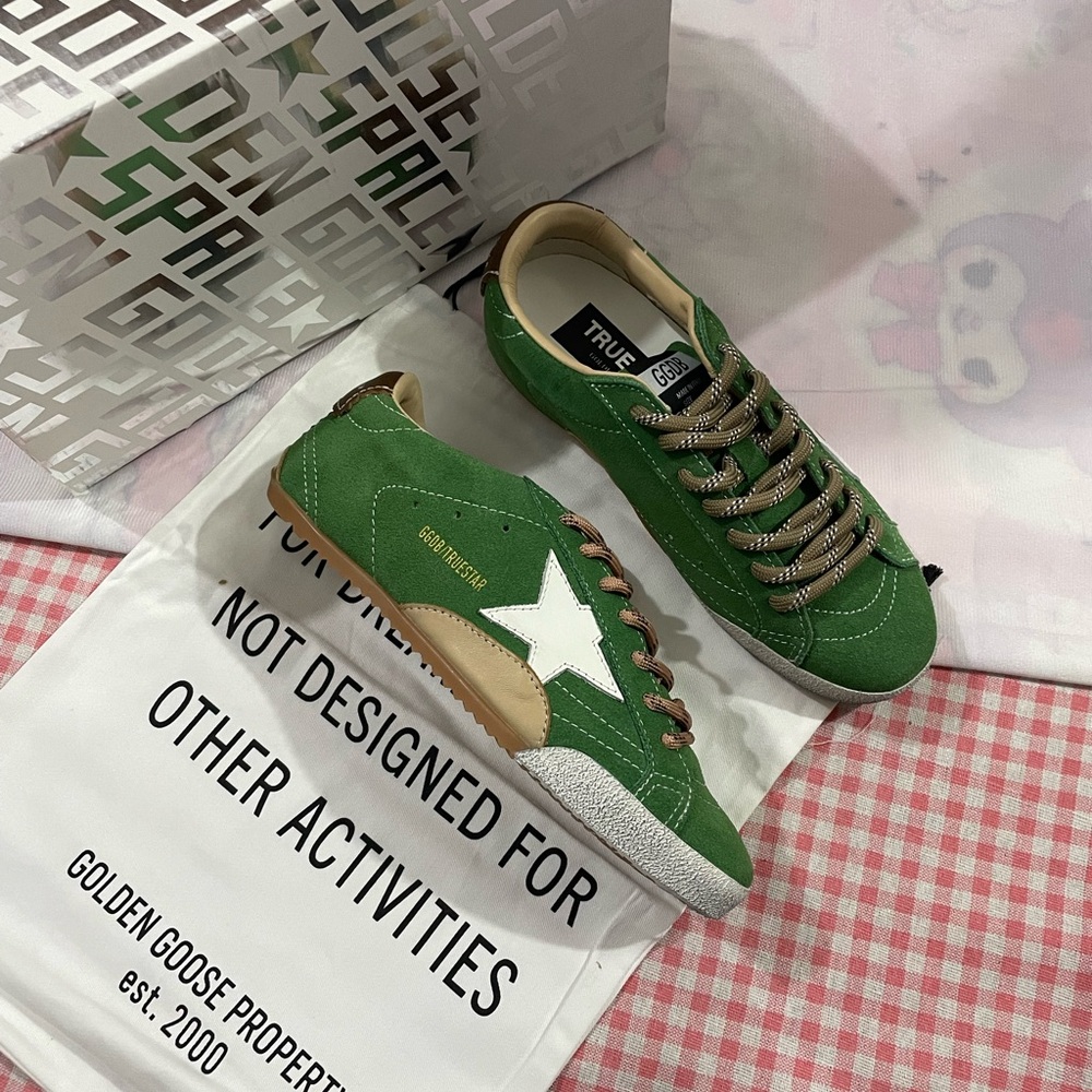 Golden Goose Green Canvas Sneakers with White Star and Tan Accents
